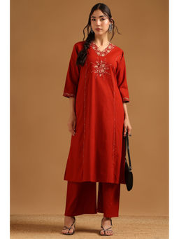 Soch - Red Embroidered Thread Work Kurta with Palazzo