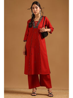 Soch - Red Printed Mirror Work Kurta with Palazzo
