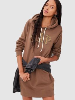 GAP - Women Cotton Blend Brown Graphic Hoodie Dress