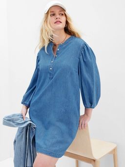 GAP - Women Relaxed Fit Mandarin Neck Blue Shift Mini Dress