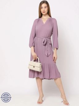 GAP - Women Mandarin Neck Bishop Sleeve Mauve Midi Dress
