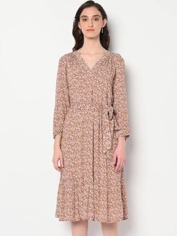 GAP - Women Round Neck Floral Brown Midi Dress