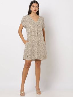 GAP - Women Leopard Print V-Neck Beige Shift Mini Dress
