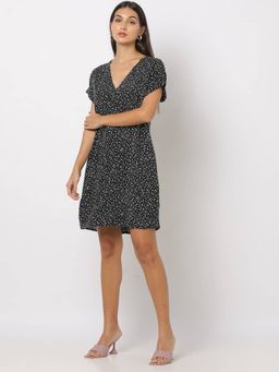 GAP - Women Printed V-Neck Shift Black Mini Dress