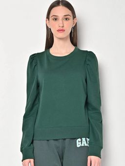GAP - Women Cotton Blend Green Solid Sweatshirt