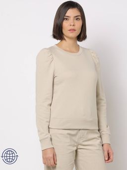 GAP - Women Cotton Blend Beige Solid Sweatshirt