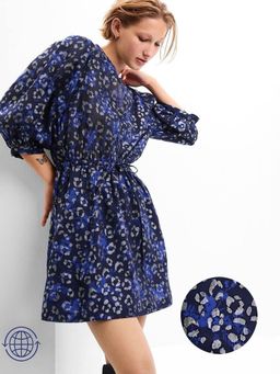 GAP - Women Abstract Print Mandarin Collar Blue Mini Dress
