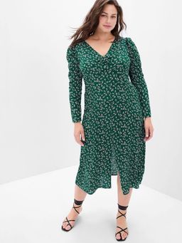 GAP - Women Floral Print Puff Sleeve Green Midi Dress