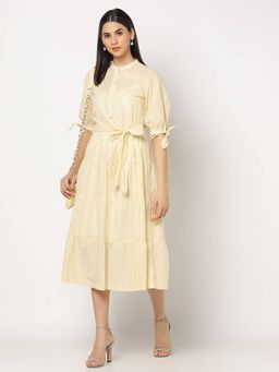 GAP - Women Striped Mandarin Neck Tiered Yellow Midi Dress