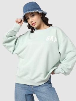 GAP - Women Cotton Blend Green Solid Sweatshirt