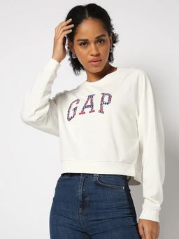 GAP - Women Cotton Blend White Embroidered Sweatshirt
