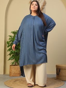 Oxolloxo - Blue High Low Stripe Print Hem Dobby Knee Length Dress