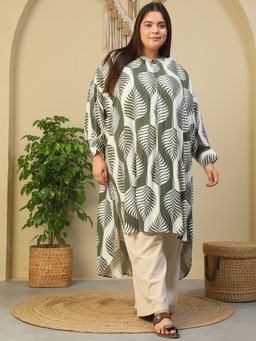 Oxolloxo - Green Tropical Print Long Sleeve High Low Knee Length Dress