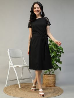 Oxolloxo - Women Solid Black Round Neck Short Sleeve Detail Midi Dress