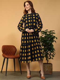Oxolloxo - Navy Blue Geometric Print Round Neck Long Sleeve Button Down Midi Dress