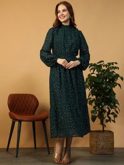 Oxolloxo - Women Green Foil Print Round Neck Long Sleeve Elasticated Midi Dress