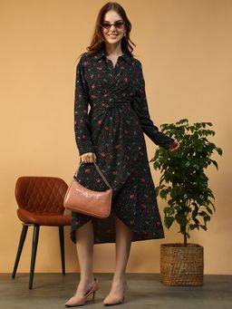Oxolloxo - Women Black Floral Print Long Sleeve Collared Button Down Wrap Knee Length Dress
