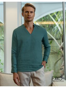 EKKO - Turquoise Linen Slim Fit Casual Shirt