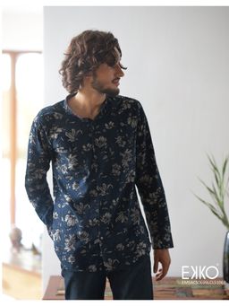 EKKO - Navy Linen Blend Slim Fit Casual Shirt