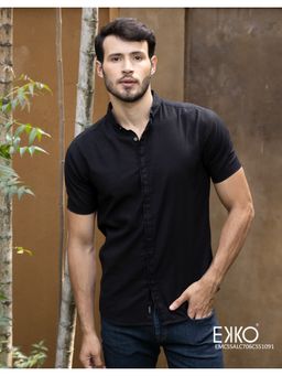 EKKO - Black Linen Blend Slim Fit Casual Shirt