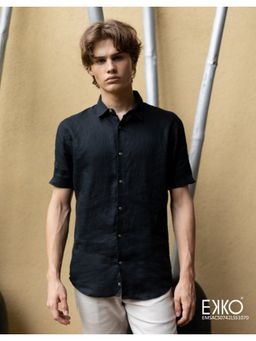 EKKO - Black Linen Slim Fit Casual Shirt