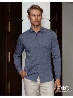 EKKO - Blue Cotton Slim Fit Casual Shirt