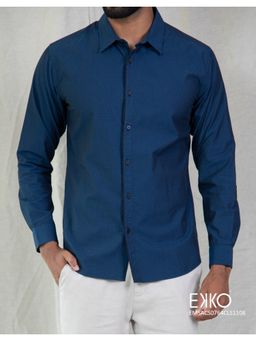 EKKO - Navy Blue Cotton Slim Fit Casual Shirt
