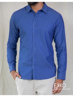 EKKO - Blue Cotton Slim Fit Casual Shirt