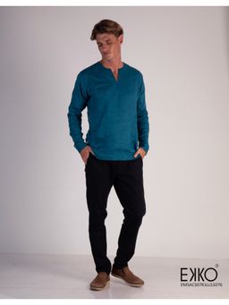 EKKO - Turquoise Linen Slim Fit Casual Shirt