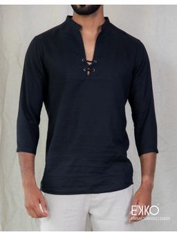EKKO - Navy Blue Linen Blend Slim Fit Casual Shirt