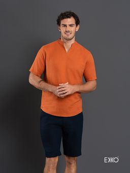 EKKO - Orange Linen Blend Slim Fit Casual Shirt