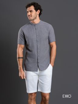 EKKO - Grey Linen Bled Slim Fit Casual Shirt