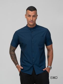 EKKO - Navy Blue Cotton Slim Fit Casual Shirt