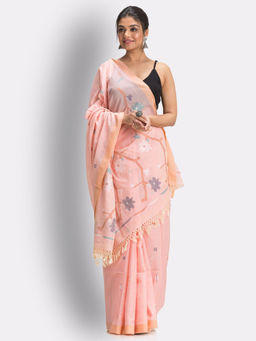 Angoshobha - Peach Handloom Cotton Jamdani Saree with Unstitched Blouse