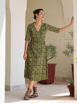 Okhai - Green Labyrinth Pure Cotton Ajrakh Mirror Work Wrap Dress