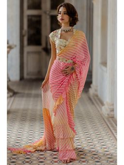 Paulmi & Harsh - Pink Ombre Leheriya Pre-stitched Saree with Blouse (Set of 3)