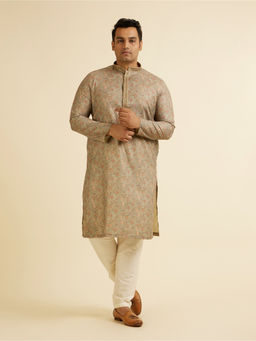 Manyavar - Green Blended Viscose Print Embroidery Kurta with Churidar (Set of 2)