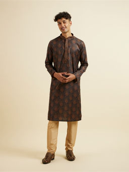 Manyavar - Brown Printed Embroidered Kurta with Churidar (Set of 2)