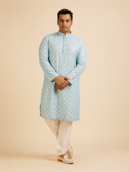 Manyavar - Blue Embroidered Blended Cotton Kurta with Churidar (Set of 2)