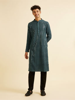 Manyavar - Teal Blue Chikankari Sequined Kurta with Churidar (Set of 2)