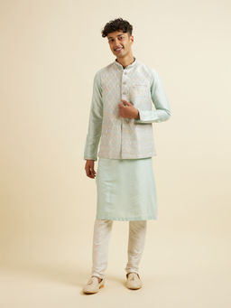 Manyavar - Aqua Green Embroidered Sequins Kurta with Churidar & Jacket (Set of 3)