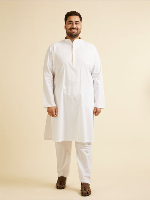 Manyavar White Cotton Solid Embroidered Kurta with Churidar (Set of 2)