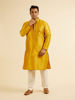 Manyavar - Mustard Art Silk Solid Thread Work Kurta with Churidar (Set of 2)