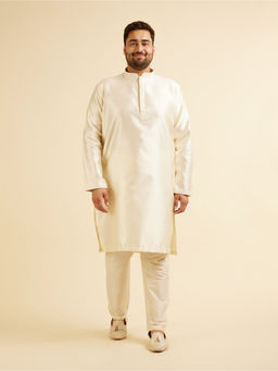 Manyavar - Cream Art Silk Self Design Kurta with Pyjama (Set of 2)