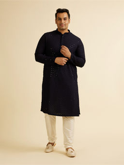 Manyavar - Navy Blue Viscose Embroidery Sequin Kurta with Pyjama (Set of 2)