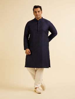 Manyavar - Navy Blue Blended Viscose Self Design Kurta with Pyjama (Set of 2)