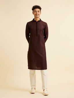 Manyavar - Wine Buta Embroidered Kurta with Churidar (Set of 2)