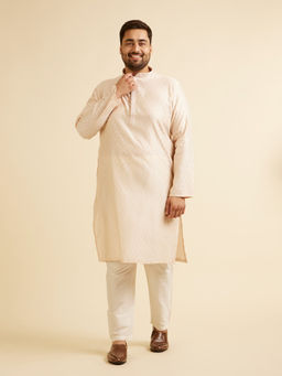 Manyavar - Cream Blended Viscose Self Design Kurta with Pyjama (Set of 2)