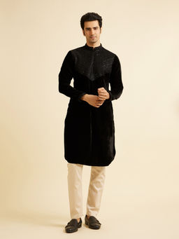 Manyavar - Black Velvet Embroidered Sequin Work Kurta with Churidar (Set of 2)