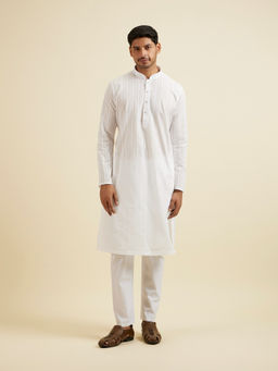 Manyavar - White Striped Cotton Kurta with Churidar (Set of 2)